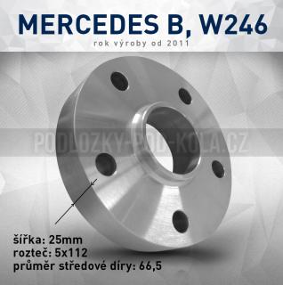 Rozšiř. podložka Mercedes B W246, šíře 25mm, rozteč 5x112, střed 66,5 - průchozí, 1ks (Rozšiřovací podložka pro vozy Mercedes B, W246 - r.v.11->)