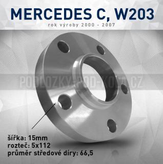 Rozšiř. podložka Mercedes C, W203, šíře 15mm, rozteč 5x112, střed 66,5 - průchozí, 1ks (Rozšiřovací podložka pro vozy Mercedes C, W203,  r.v.00-07)