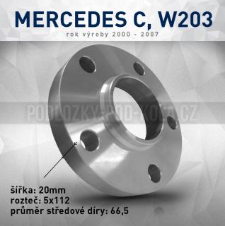 Rozšiř. podložka Mercedes C, W203, šíře 20mm, rozteč 5x112, střed 66,5 - průchozí, 1ks (Rozšiřovací podložka pro vozy Mercedes C, W203,  r.v.00-07)