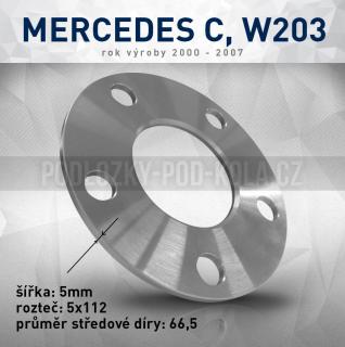 Rozšiř. podložka Mercedes C, W204, šíře 5mm, rozteč 5x112, střed 66,5 - průchozí, 1ks (Rozšiřovací podložka pro vozy Mercedes C, W204,  r.v.07-13)