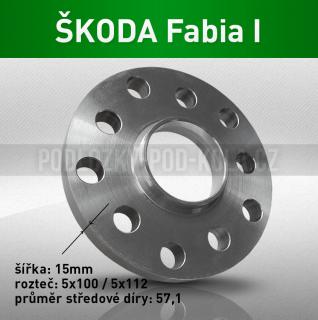 Rozšiřovací podložka ŠKODA Fabia I, šíře 15mm, rozteč 5x100, střed 57,1 - průchozí, 1ks (Rozšiřovací podložka pro vozy Škoda Fabia I, r.v. 99-07)