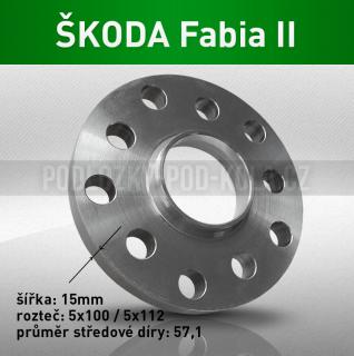 Rozšiřovací podložka ŠKODA Fabia II, šíře 15mm, rozteč 5x100, střed 57,1 - průchozí, 1ks (Rozšiřovací podložka pro vozy Škoda Fabia II, r.v.07-14)