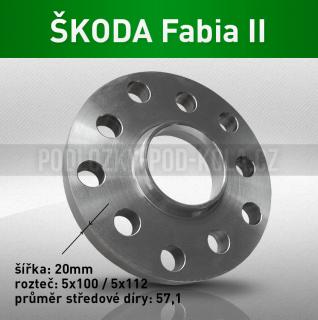 Rozšiřovací podložka ŠKODA Fabia II, šíře 20mm, rozteč 5x100, střed 57,1 - průchozí, 1ks (Rozšiřovací podložka pro vozy Škoda Fabia II, r.v.07-14)