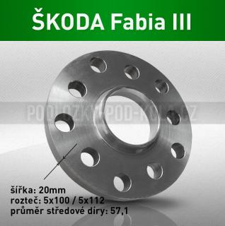 Rozšiřovací podložka ŠKODA Fabia III, šíře 20mm, rozteč 5x100, střed 57,1 - průchozí, 1ks (Rozšiřovací podložka pro vozy Škoda Fabia III, r.v.14->)