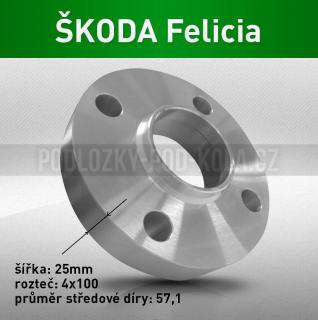 Rozšiřovací podložka ŠKODA Felicia, šíře 25mm, rozteč 4x100, střed 57,1 - průchozí, 1ks (Rozšiřovací podložka pro vozy Škoda Felicia, r.v.94-01)