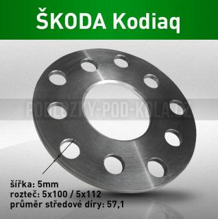 Rozšiřovací podložka ŠKODA Kodiaq, šíře 5mm, rozteč 5x112, střed 57,1 - průchozí, 1ks (Rozšiřovací podložka pro vozy Škoda Kodiaq  r.v.16->)