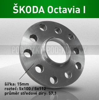 Rozšiřovací podložka ŠKODA Octavia I, šíře 15mm, rozteč 5x100, střed 57,1 - průchozí, 1ks (Rozšiřovací podložka pro vozy Škoda Octavia I - r.v. 97-00 a Tour)