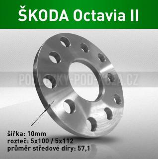 Rozšiřovací podložka ŠKODA Octavia II, šíře 10mm, rozteč 5x112, střed 57,1 - průchozí, 1ks (Rozšiřovací podložka pro vozy Škoda Octavia II - r.v. 05-13)