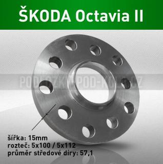 Rozšiřovací podložka ŠKODA Octavia II, šíře 15mm, rozteč 5x112, střed 57,1 - průchozí, 1ks (Rozšiřovací podložka pro vozy Škoda Octavia II - r.v. 05-13)