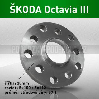 Rozšiřovací podložka ŠKODA Octavia III, šíře 20mm, rozteč 5x112, střed 57,1 - průchozí, 1ks (Rozšiřovací podložka pro vozy Škoda Octavia III, r.v.13->)