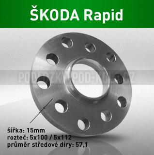 Rozšiřovací podložka ŠKODA Rapid, šíře 15mm, rozteč 5x100, střed 57,1 - průchozí, 1ks (Rozšiřovací podložka pro vozy Škoda Rapid, r.v.12->)