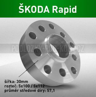 Rozšiřovací podložka ŠKODA Rapid, šíře 30mm, rozteč 5x100, střed 57,1 - průchozí, 1ks (Rozšiřovací podložka pro vozy Škoda Rapid, r.v.12->)