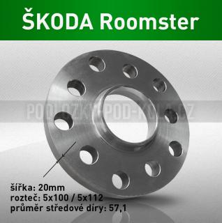 Rozšiřovací podložka ŠKODA Roomster, šíře 20mm, rozteč 5x100, střed 57,1 - průchozí, 1ks (Rozšiřovací podložka pro vozy Škoda Roomster, r.v.06-15)