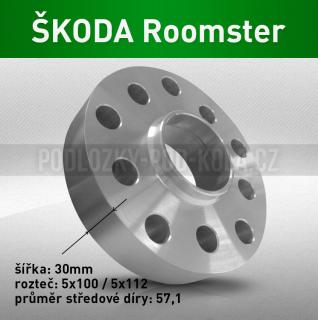 Rozšiřovací podložka ŠKODA Roomster, šíře 30mm, rozteč 5x100, střed 57,1 - průchozí, 1ks (Rozšiřovací podložka pro vozy Škoda Roomster, r.v.06-15)