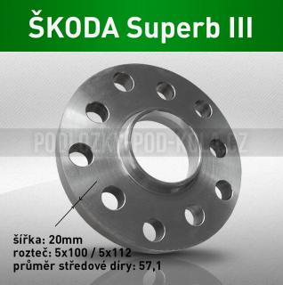Rozšiřovací podložka ŠKODA Superb III, šíře 20mm, rozteč 5x112, střed 57,1 - průchozí, 1ks (Rozšiřovací podložka pro vozy Škoda Superb III - r.v.15->)