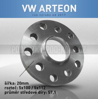 Rozšiřovací podložka VW Arteon, šíře 20mm, rozteč 5x112, střed 57,1 - průchozí, 1ks (Rozšiřovací podložka pro vozy VW Arteon, r.v.17->)