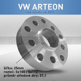 Rozšiřovací podložka VW Arteon, šíře 25mm, rozteč 5x112, střed 57,1 - průchozí, 1ks (Rozšiřovací podložka pro vozy VW Arteon, r.v.17->)