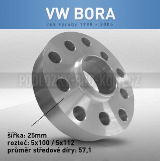 Rozšiřovací podložka VW Bora, šíře 25mm, rozteč 5x100, střed 57,1 - průchozí, 1ks (Rozšiřovací podložka pro vozy VW Bora, r.v.98-05)