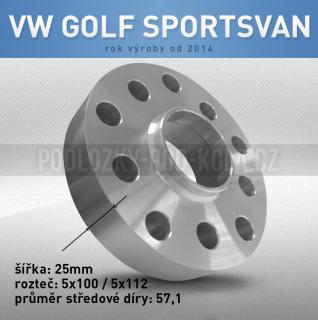 Rozšiřovací podložka VW Golf Sportsvan, šíře 25mm, rozteč 5x112, střed 57,1 - průchozí, 1ks (Rozšiřovací podložka pro vozy VW Golf Sportsvan, r.v.14->)