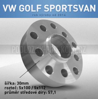 Rozšiřovací podložka VW Golf Sportsvan, šíře 30mm, rozteč 5x112, střed 57,1 - průchozí, 1ks (Rozšiřovací podložka pro vozy VW Golf Sportsvan, r.v.14->)