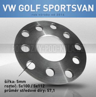 Rozšiřovací podložka VW Golf Sportsvan, šíře 5mm, rozteč 5x112, střed 57,1 - průchozí, 1ks (Rozšiřovací podložka pro vozy VW Golf Sportsvan, r.v.14->)