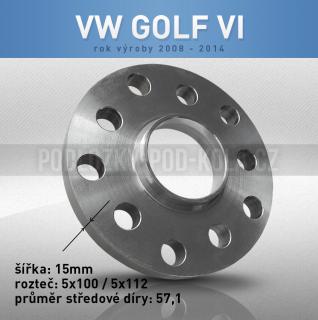 Rozšiřovací podložka VW Golf VI, šíře 15mm, rozteč 5x112, střed 57,1 - průchozí, 1ks (Rozšiřovací podložka pro vozy VW Golf VI, r.v.08-12)