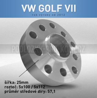 Rozšiřovací podložka VW Golf VII, šíře 25mm, rozteč 5x112, střed 57,1 - průchozí, 1ks (Rozšiřovací podložka pro vozy VW Golf VII, r.v.12->)