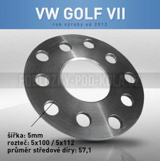 Rozšiřovací podložka VW Golf VII, šíře 5mm, rozteč 5x112, střed 57,1 - průchozí, 1ks (Rozšiřovací podložka pro vozy VW Golf VII, r.v.12->)