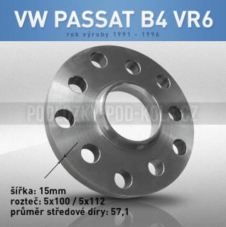 Rozšiřovací podložka VW Passat B4 VR6, šíře 15mm, rozteč 5x100, střed 57,1 - průchozí, 1ks (Rozšiřovací podložka pro vozy VW Passat B4 VR6, r.v.91-96)
