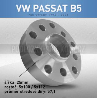 Rozšiřovací podložka VW Passat B5, šíře 25mm, rozteč 5x112, střed 57,1 - průchozí, 1ks (Rozšiřovací podložka pro vozy VW Passat B5, r.v.96-05)