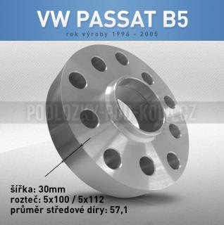 Rozšiřovací podložka VW Passat B5, šíře 30mm, rozteč 5x112, střed 57,1 - průchozí, 1ks (Rozšiřovací podložka pro vozy VW Passat B5, r.v.96-05)