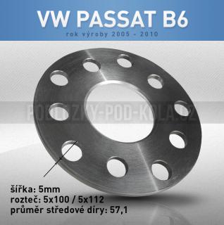Rozšiřovací podložka VW Passat B6, šíře 5mm, rozteč 5x112, střed 57,1 - průchozí, 1ks (Rozšiřovací podložka pro vozy VW Passat B6, r.v.05-10)