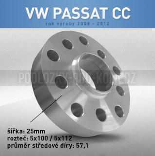 Rozšiřovací podložka VW Passat CC, šíře 25mm, rozteč 5x112, střed 57,1 - průchozí, 1ks (Rozšiřovací podložka pro vozy VW Passat CC, r.v.08-12)