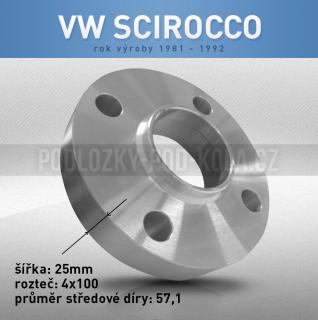 Rozšiřovací podložka VW Scirocco, šíře 25mm, rozteč 4x100, střed 57,1 - průchozí, 1ks (Rozšiřovací podložka pro vozy VW Scirocco, r.v.81-92)