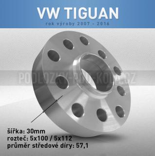 Rozšiřovací podložka VW Tiguan, šíře 30mm, rozteč 5x112, střed 57,1 - průchozí, 1ks (Rozšiřovací podložka pro vozy VW Tiguan, r.v.07-16)