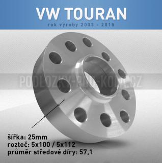 Rozšiřovací podložka VW Touran, šíře 25mm, rozteč 5x112, střed 57,1 - průchozí, 1ks (Rozšiřovací podložka pro vozy VW Touran, r.v.03-15-10)