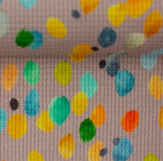 Bavlněný vaflový úplet – barevné puntíky na starorůžové