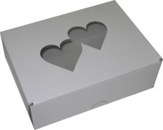 Krabička na výslužky 19x15x7 cm - SRDÍČKA - DOPRODEJ (Pevná krabička na svatební cukroví s motivem dvou srdíček)