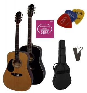 MSA 4/4 Akustická westernová levoruká kytara s příslušenstvím, 2 barvy (Příslušenství: Pouzdro na kytaru se zipem a popruhem přes rameno | náhradní struny | popruh | 3x trsátko)
