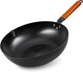Pánev Wok 32 cm s odnímatelnou dřevěnou rukojetí | černá (Carbon steel Wok &amp; Stir Fry Pan | uhlíková ocel odolná proti poškrábání)