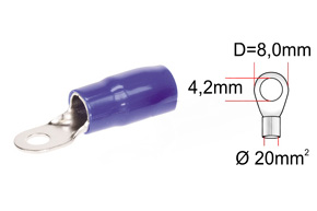 Kabelová oko stříbrné pro kabel 20mm2, otvor 4,2 mm, modrá izolace