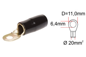 Kabelová oko zlaté pro kabel 20 mm2, otvor 6,4 mm, černá izolace