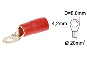 Kabelové oko zlaté pro kabel 20 mm2, otvor 4,2 mm, červená izolace