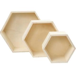 Dřevěné úložné boxy 3 ks | šestiúhelníkový tvar (poličky ze světlého dřeva)