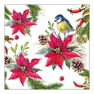 Eko ubrousky na dekupáž Bird on Poinsettia - 1ks (ubrousky na dekupáž)