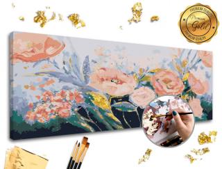 Malování podle čísel PREMIUM GOLD – Růžová zahrada (Sada na malování podle čísel ARTMIE se zlatými plátky)