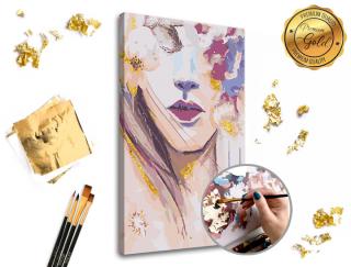 Malování podle čísel PREMIUM GOLD – Žena s květinami (Sada na malování podle čísel ARTMIE se zlatými plátky)
