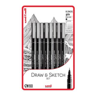 Sada fixů UNI PIN fineliner Draw and Sketch 8 ks (technické pero)