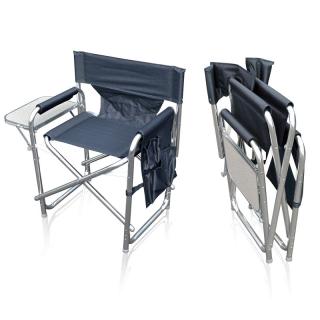 Hliníková skládací židle DIREKTORKA (Vysoce kvalitní, lehká, praktická a pohodlná skládací židle s bočním skládacím odkládacím stolkem a bočními kapsami.)