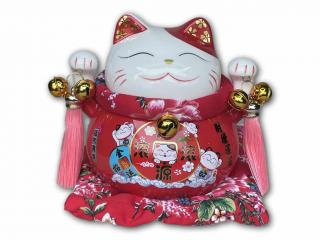 Porcelánová kočka Maneki Neko - červená